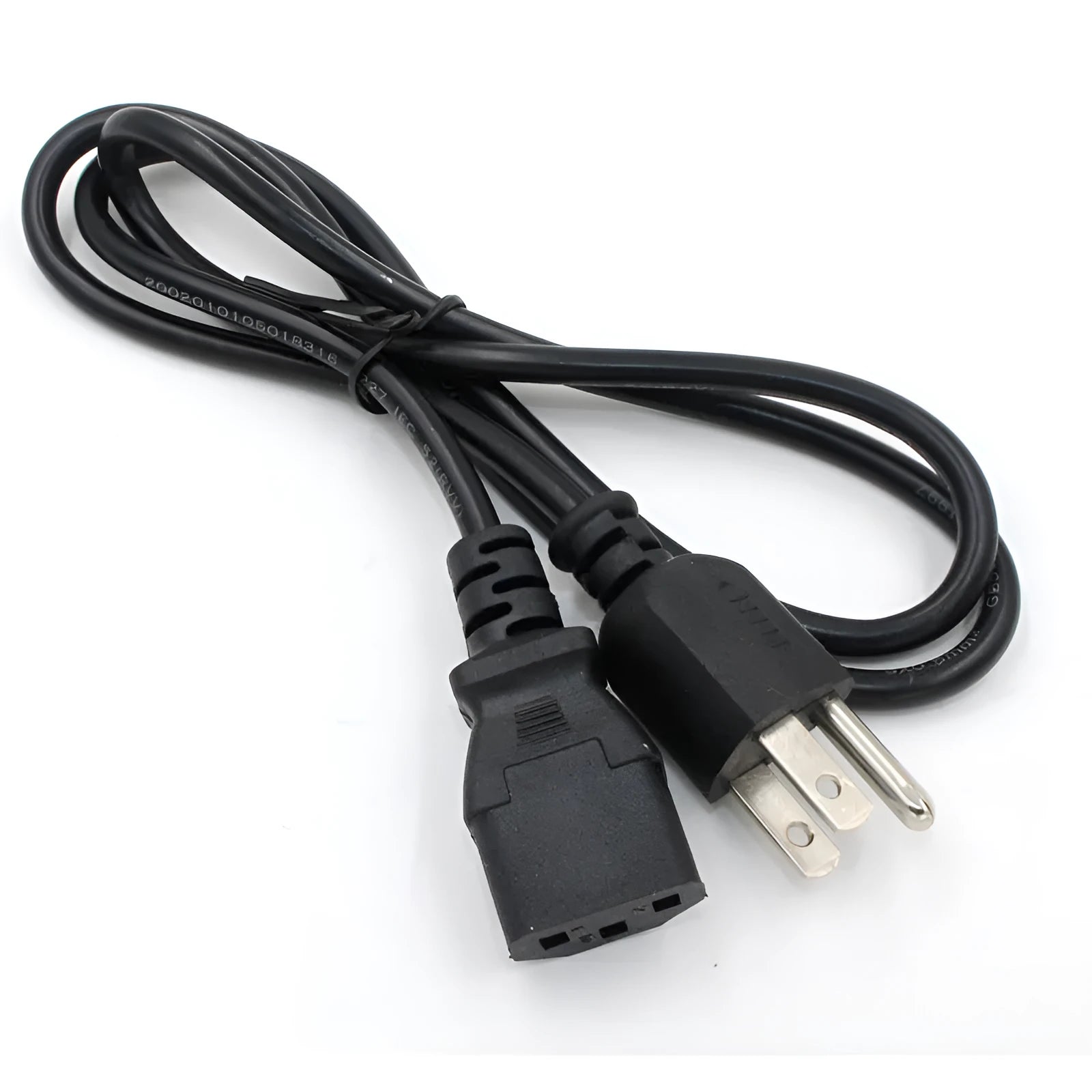 Black American standard three-pin plug power cord showing 1.2m length of PVC-sheathed cable.