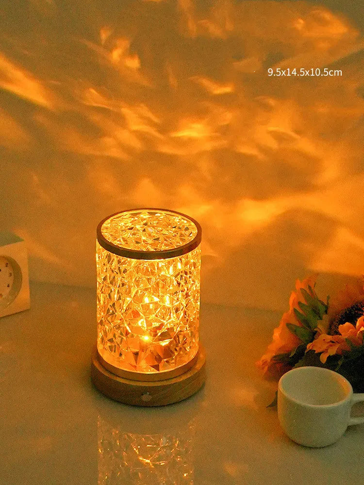 Rotating water ripple night light with solid wood base and USB charging cable