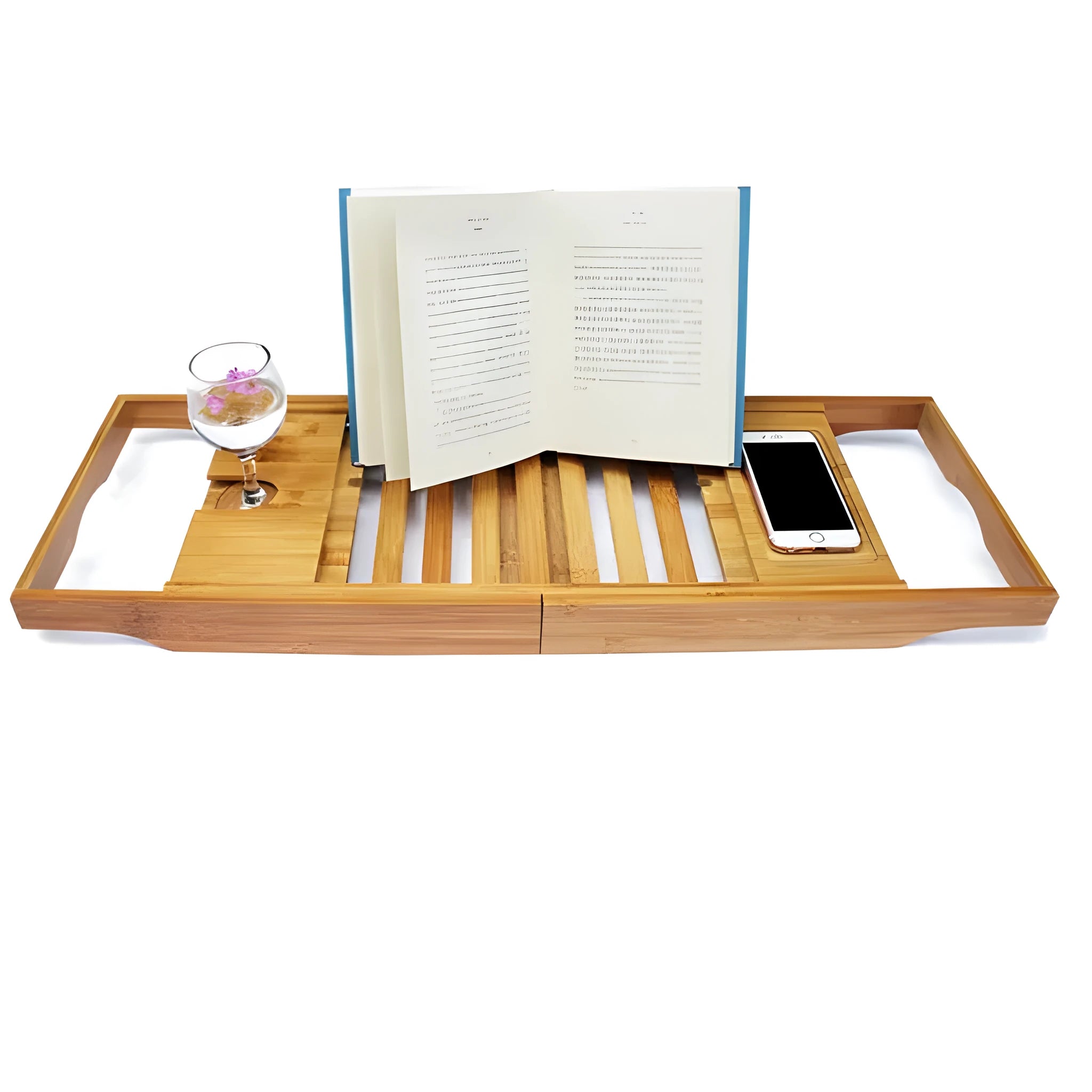 Bamboo desktop storage shelf for bathroom organisation next to bathtub