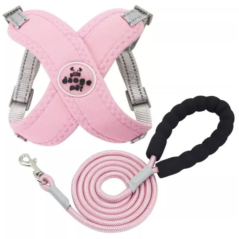 Polyester dog vest and matching hand holding rope in a choice of blue, green, pink, or yellow.