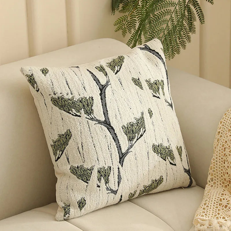 Square jacquard cushion cover with detailed plant and flower pattern in Nordic retro style.