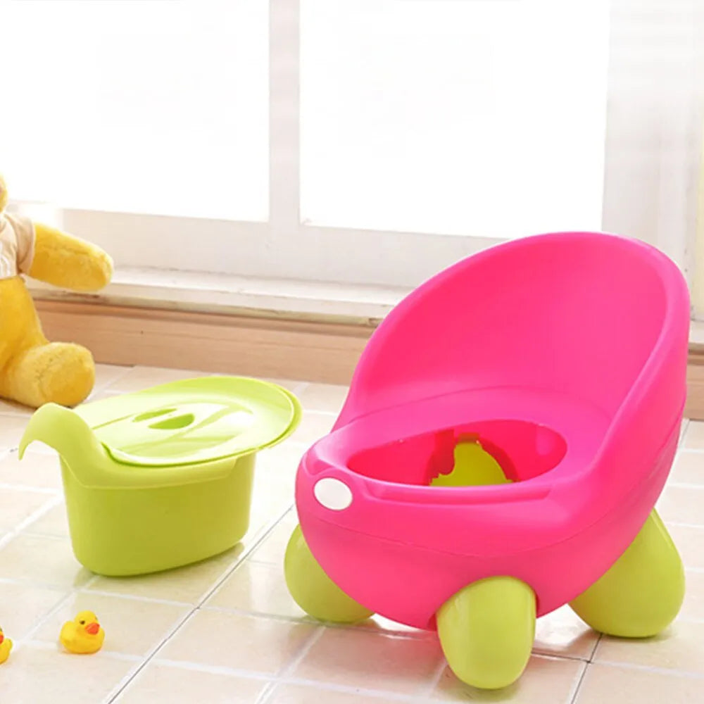 Dandan cartoon-themed baby training toilet stool in blue, green, red, pink, or light blue and green colours.