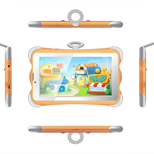 7-inch children's learning tablet in cartoon colours, shown with its foldable stand open, on a table.