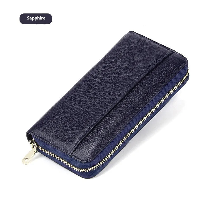 Genuine leather long wallet in six colour options showing large capacity and anti-theft card swiping function