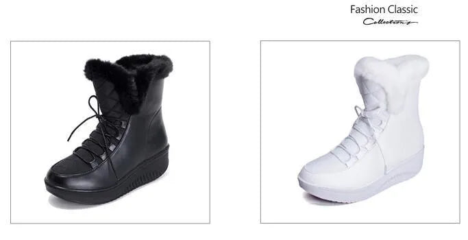 Women's black platform winter boots with lace-up closure and plush lining.