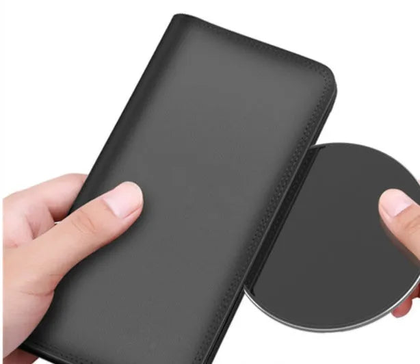 Ultra-thin aluminium wireless charger in golden finish showing LED indicator and Micro USB port