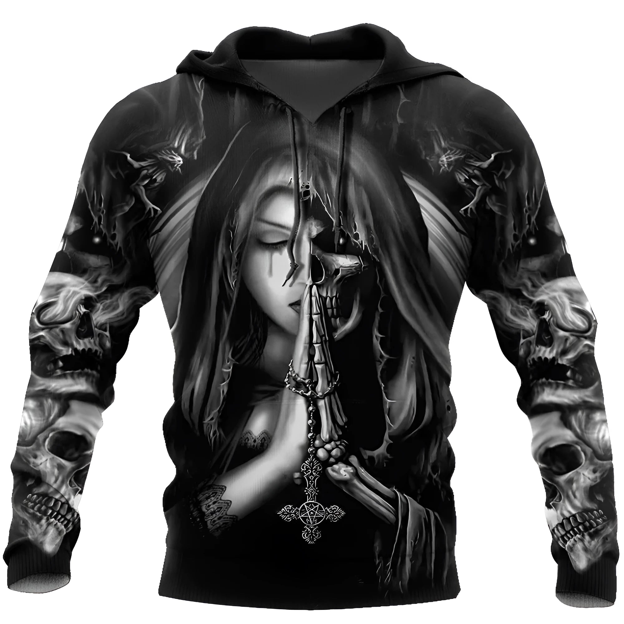 Halloween skull anime 3D graphic on a grey hooded sweatshirt with long sleeves.