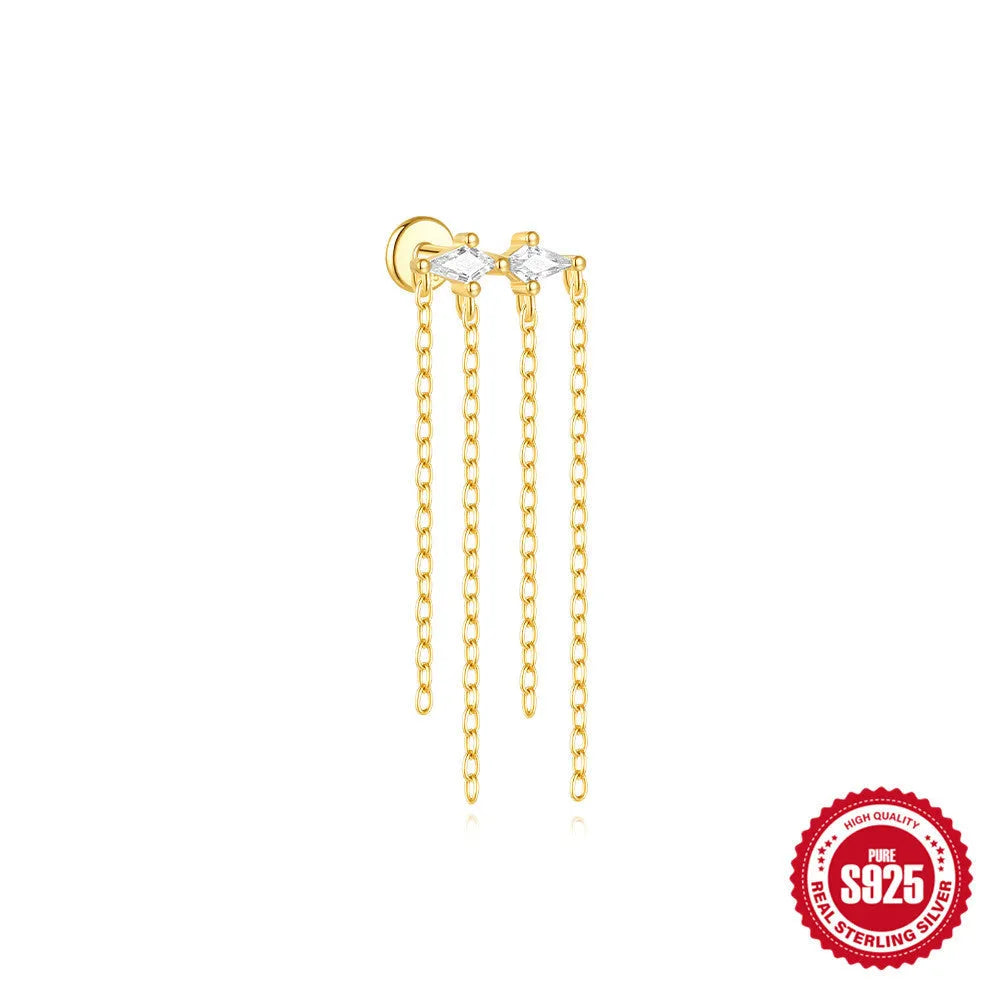 S925 sterling silver geometric kite earrings with rhinestones and chain tassel in gold tone