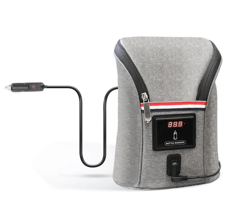 Grey Oxford cloth portable baby bottle warmer bag for car use with 12V charger and temperature display.