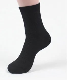 Men's bamboo fibre business socks with small square pattern in black, navy blue, and grey colours.