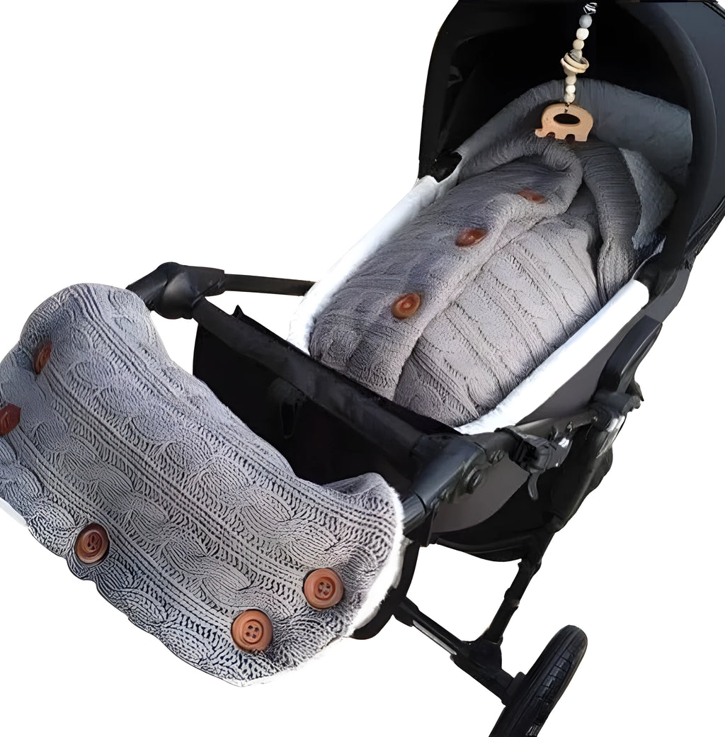 Baby sleeping bag in beige acrylic and lamb wool with pushchair handrail set