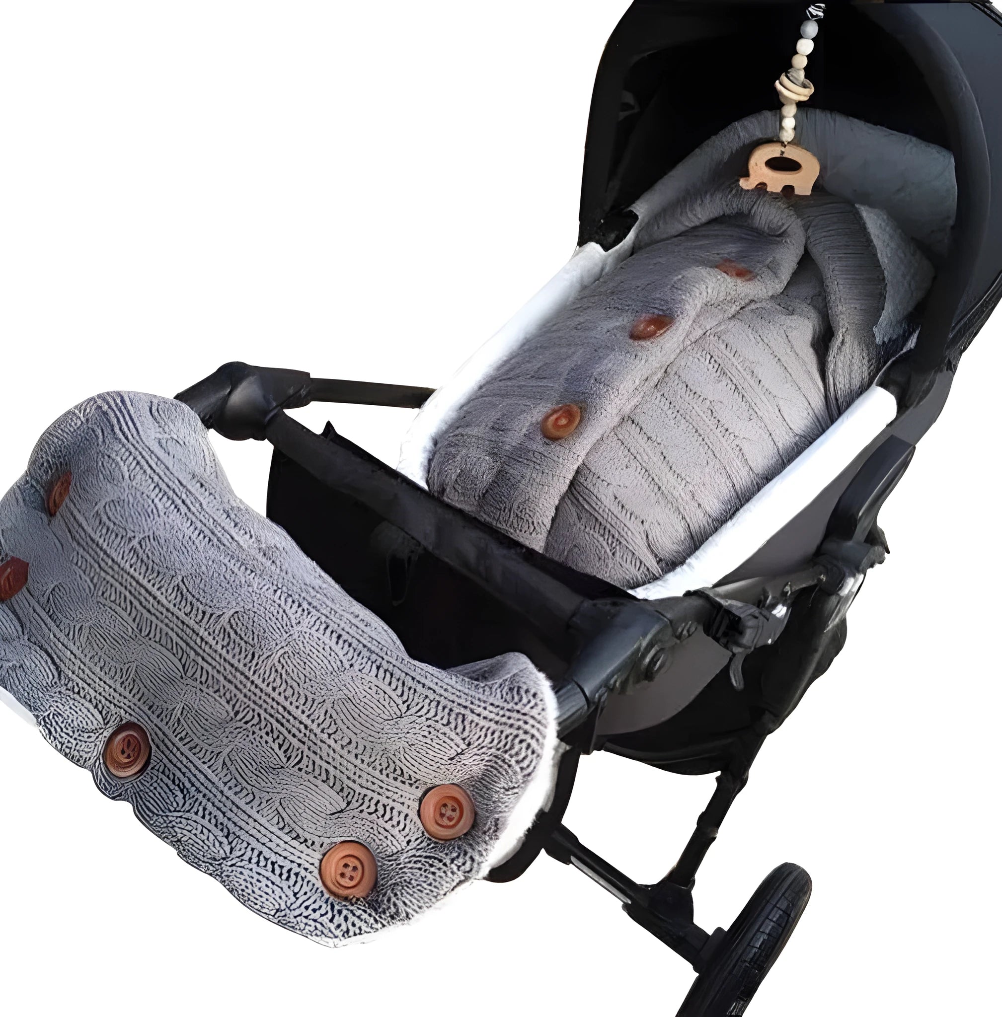 Baby sleeping bag in beige acrylic and lamb wool with pushchair handrail set