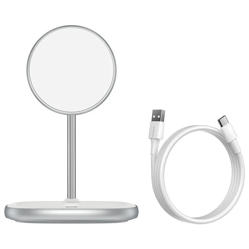 Black Swan magnetic wireless charging stand for Apple iPhone 12 series on a desk.
