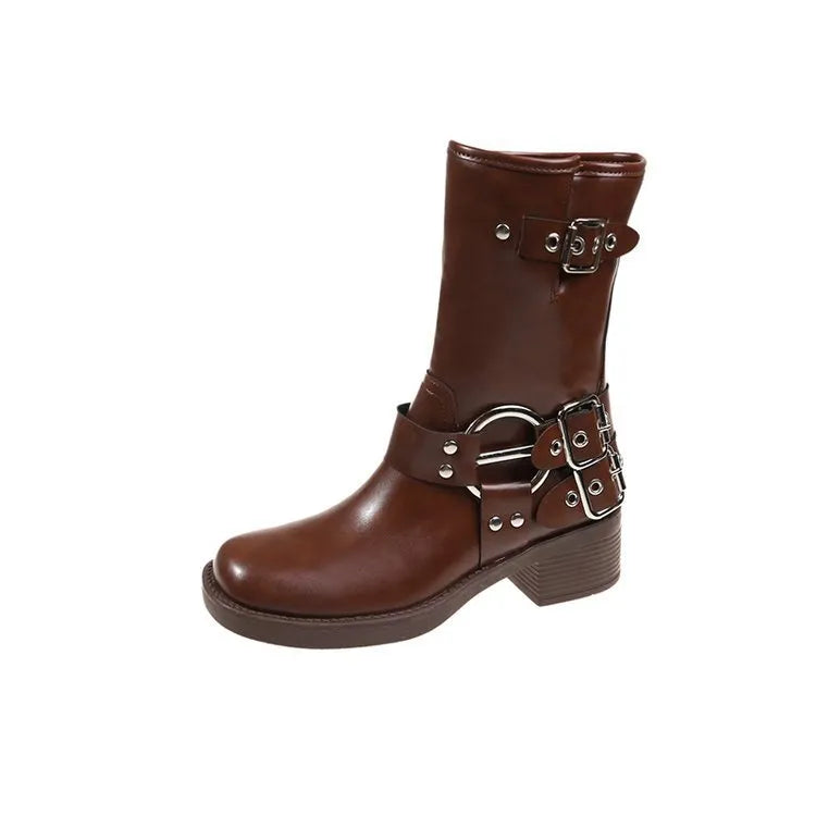 Women's platform boots with belt buckle detail at mid-calf length