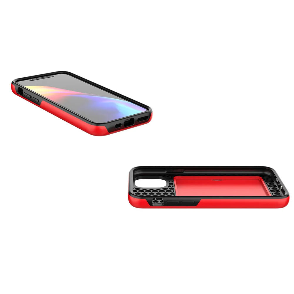 Slim black protective phone case for Apple iPhone 11, shown alongside red and blue colour options.
