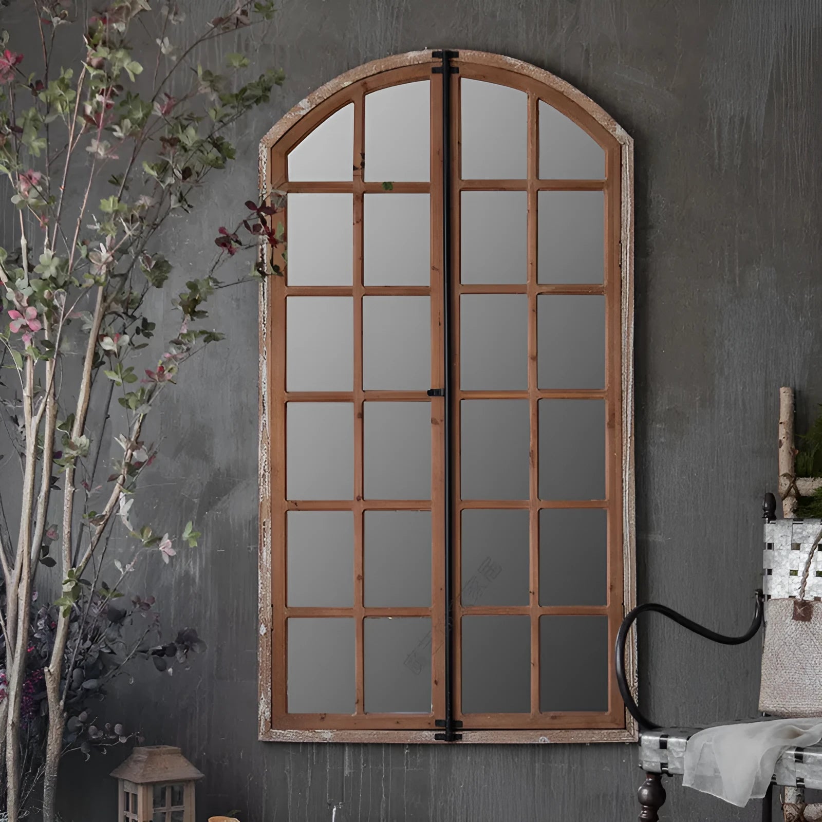 Distressed wooden frame fake window wall mirror with glass panel in log colour
