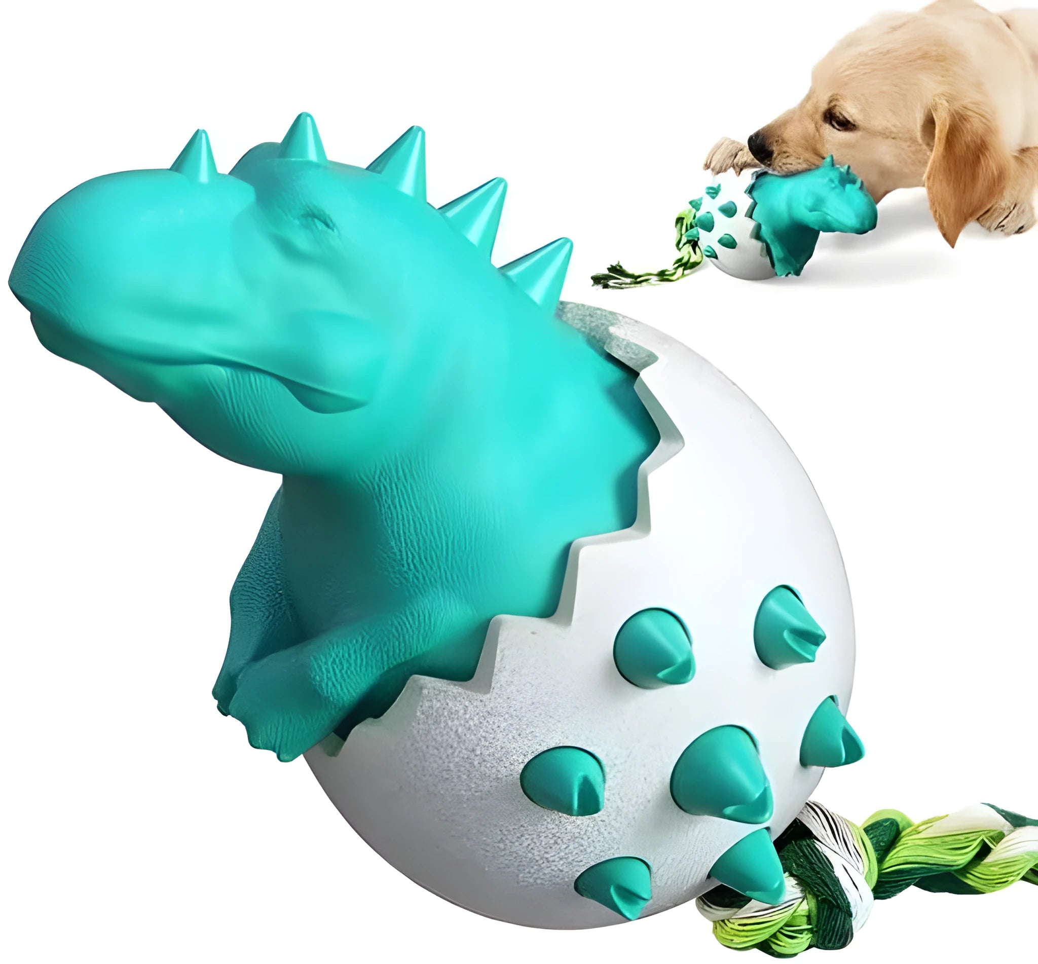 Blue durable rubber dog chew toy with dino design, rope, and textured surface for aggressive chewers.