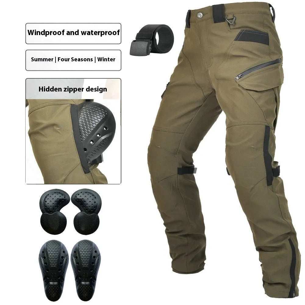 Men's waterproof windproof motorcycle trousers in green or black with protective gear set