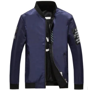Reversible men's flight jacket showing stripe pattern, zip placket, and no collar design