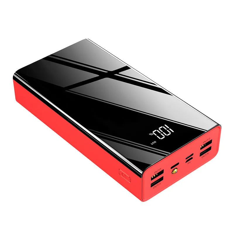 Large black or red 40000 mAh power bank with LCD display showing charge percentage.