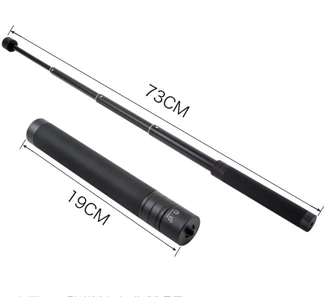 Black retractable aluminium selfie stick extended to 45 cm with a smartphone mounted.
