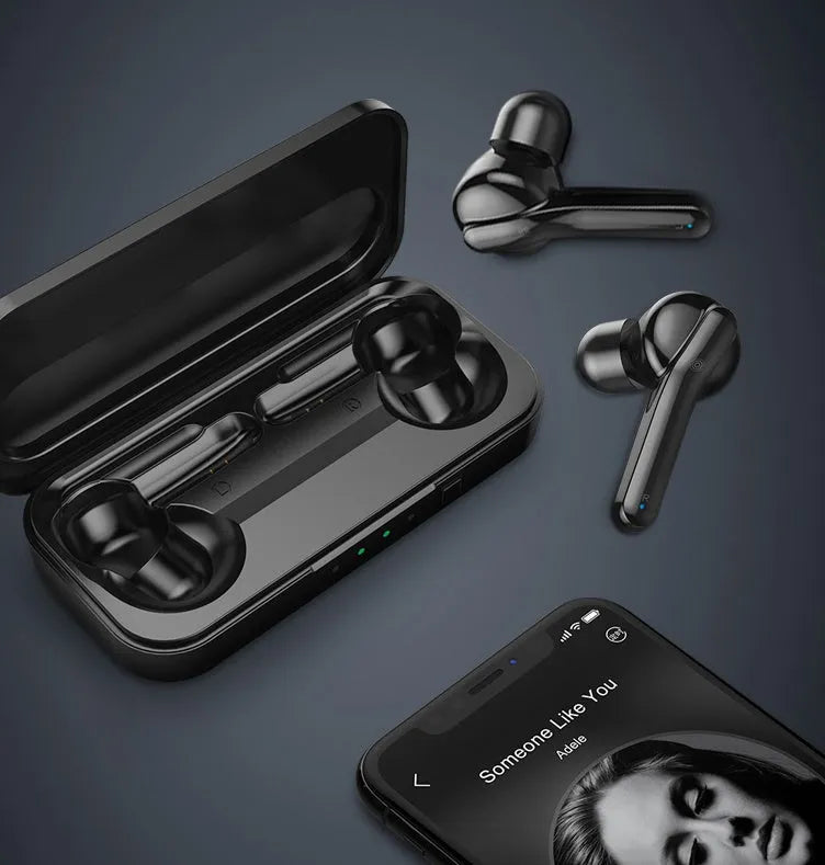 Black and white true wireless Bluetooth 5.0 earbuds with IPX5 waterproof rating.