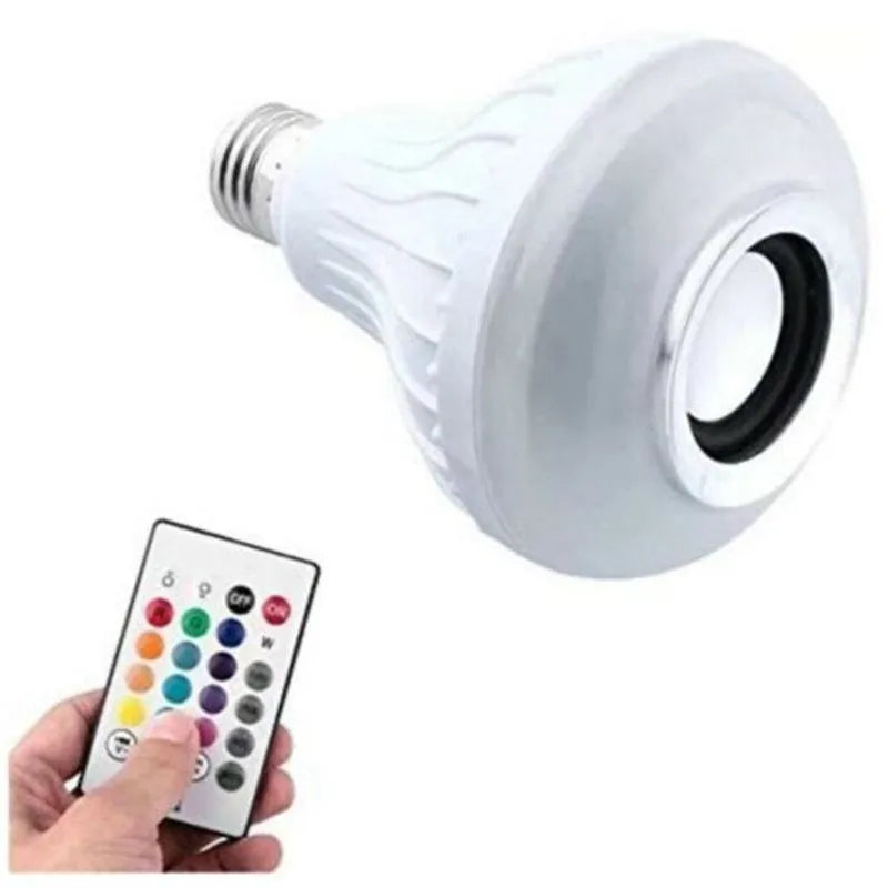 White Bluetooth speaker LED bulb with E27 base showing RGB colour options and remote control