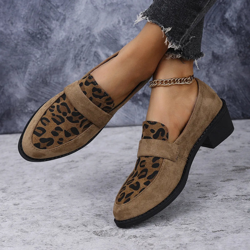 Leopard print slip-on suede shoes with chunky rubber sole and pointed toe design
