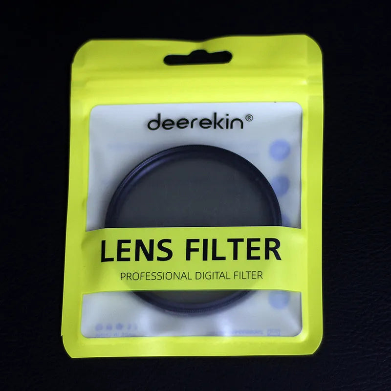 ND8 neutral density camera lens filter with aviation aluminium frame, shown alongside size markings.