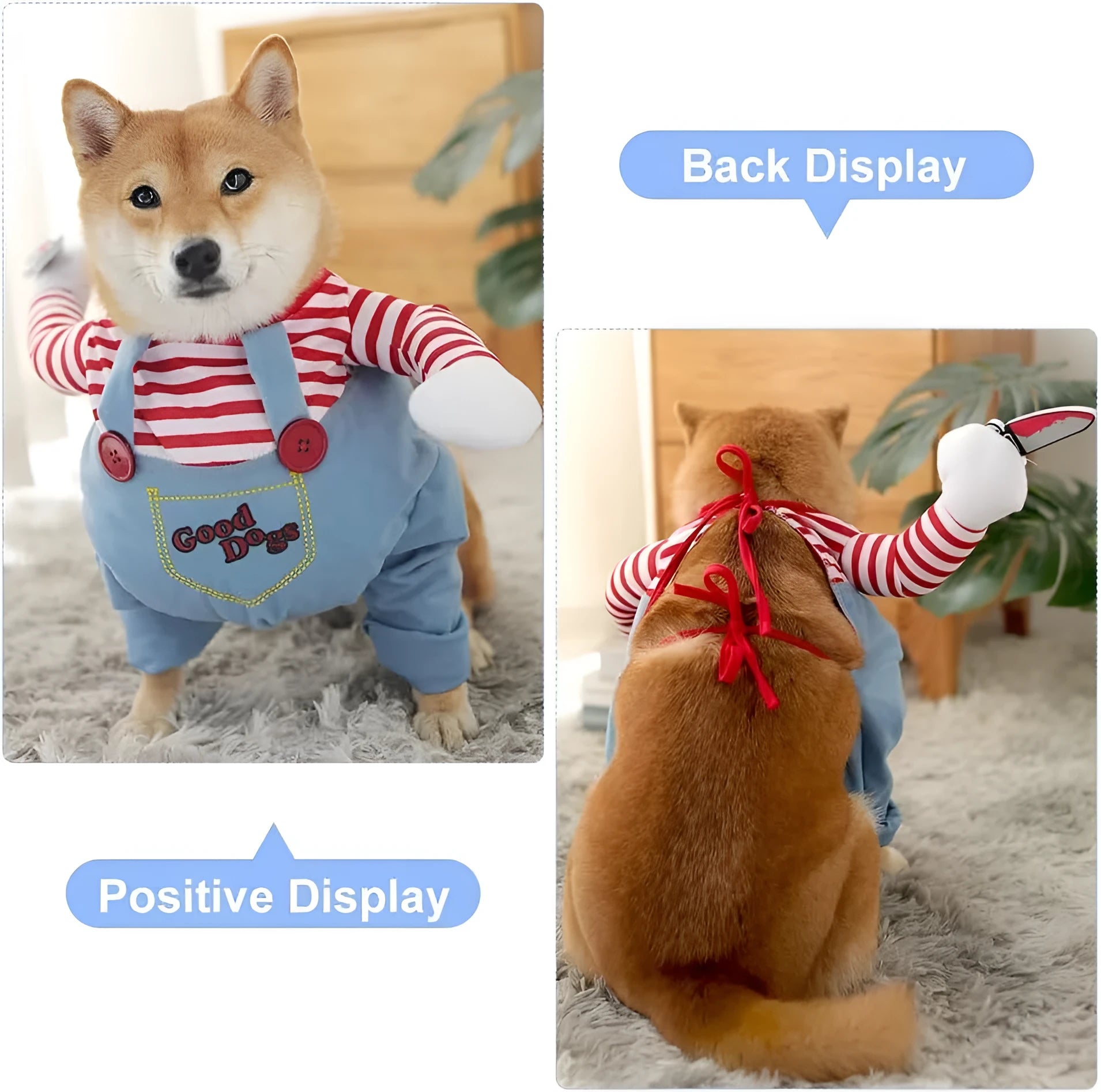 Striped Halloween harness pants costume for dogs and cats with toy knife accessory