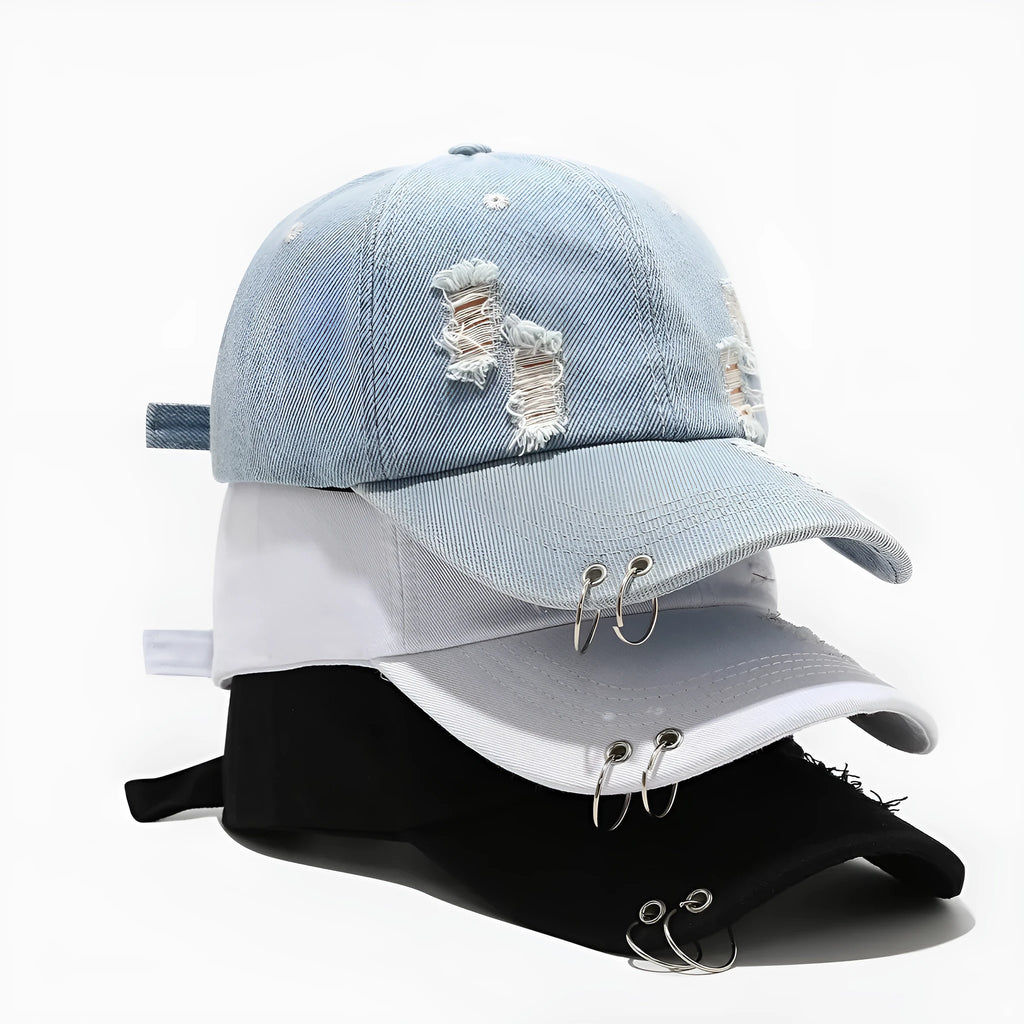 Men's adjustable denim peaked cap in black, white and light blue jeans colours with dome crown