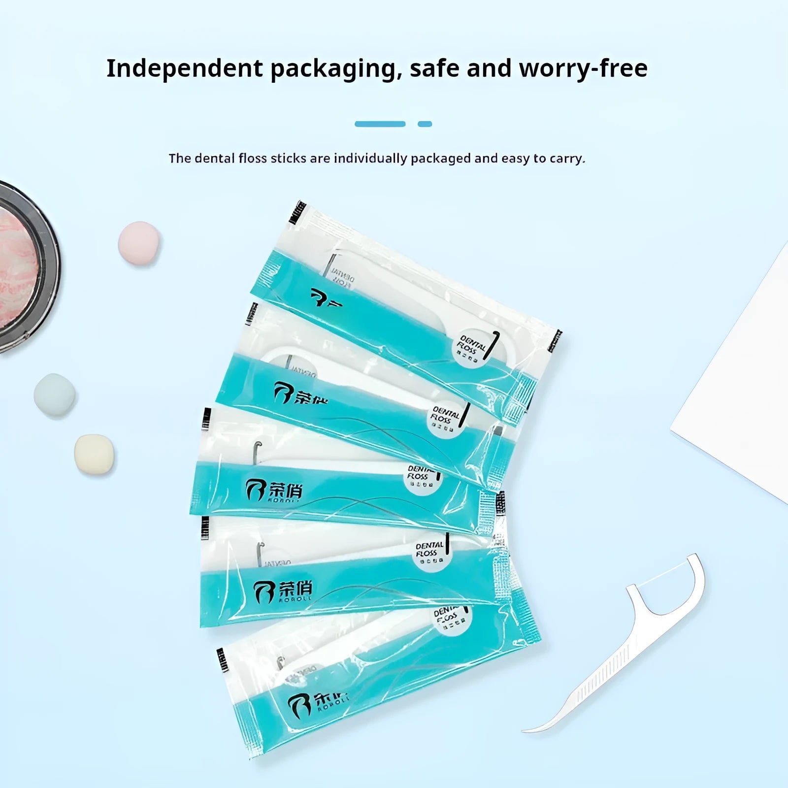 Individually packaged dental floss strands in plastic with high tensile strength