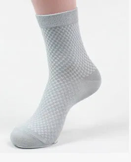 Men's bamboo fibre business socks with small square pattern in black, navy blue, and grey colours.