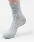 Men's bamboo fibre business socks with small square pattern in black, navy blue, and grey colours.
