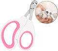 Blue pet nail clippers with circular cut hole and non-slip grip handles on a white background