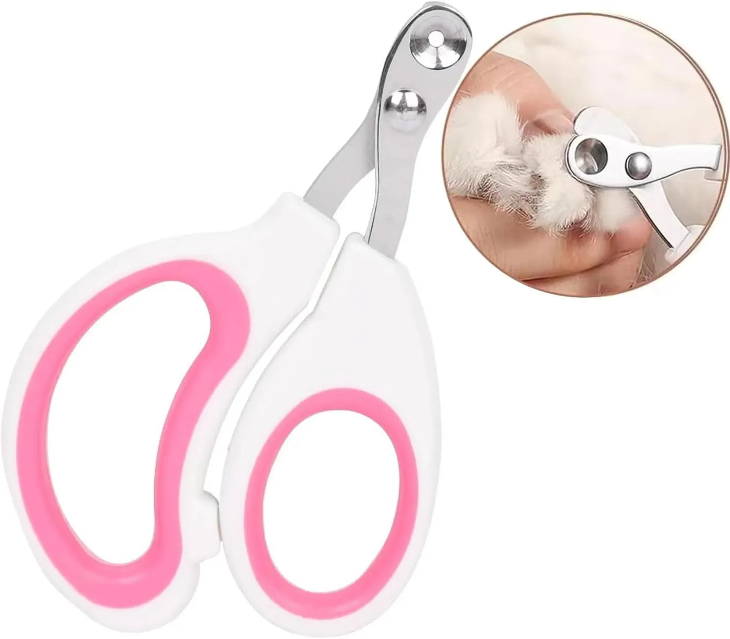 Blue pet nail clippers with circular cut hole and non-slip grip handles on a white background