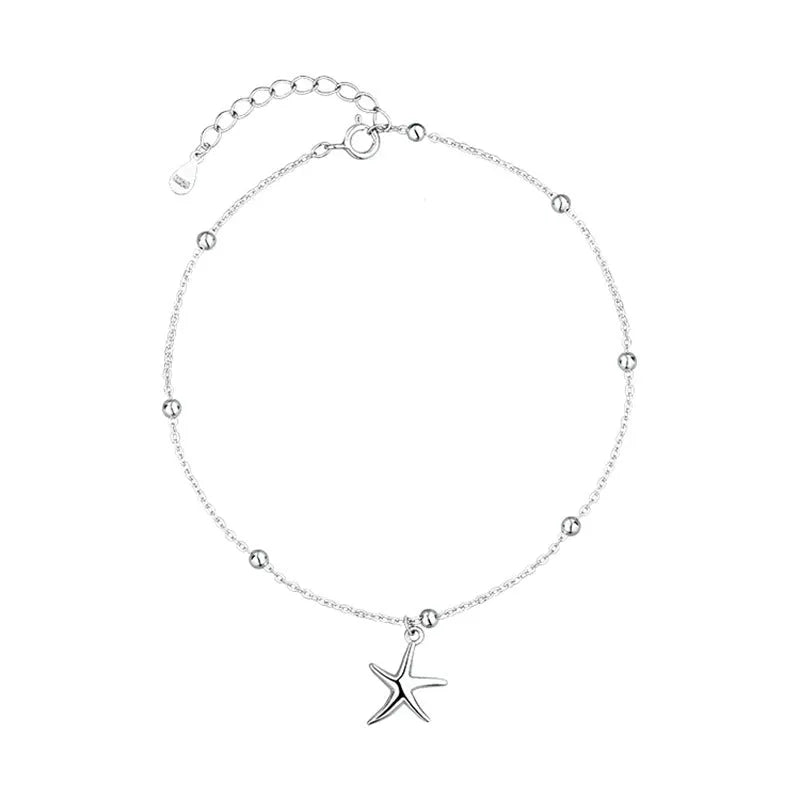 S925 sterling silver anklet with a starfish charm on a round bead chain.
