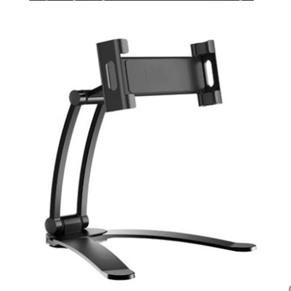 Silver aluminium alloy tablet stand with white mount and adjustable clip on a desktop