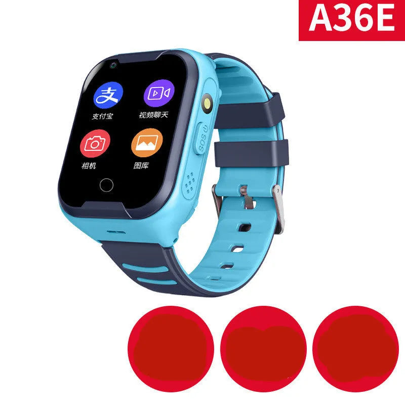 Blue children's smartwatch with a silicone strap showing a video call interface on its 1.44-inch screen.