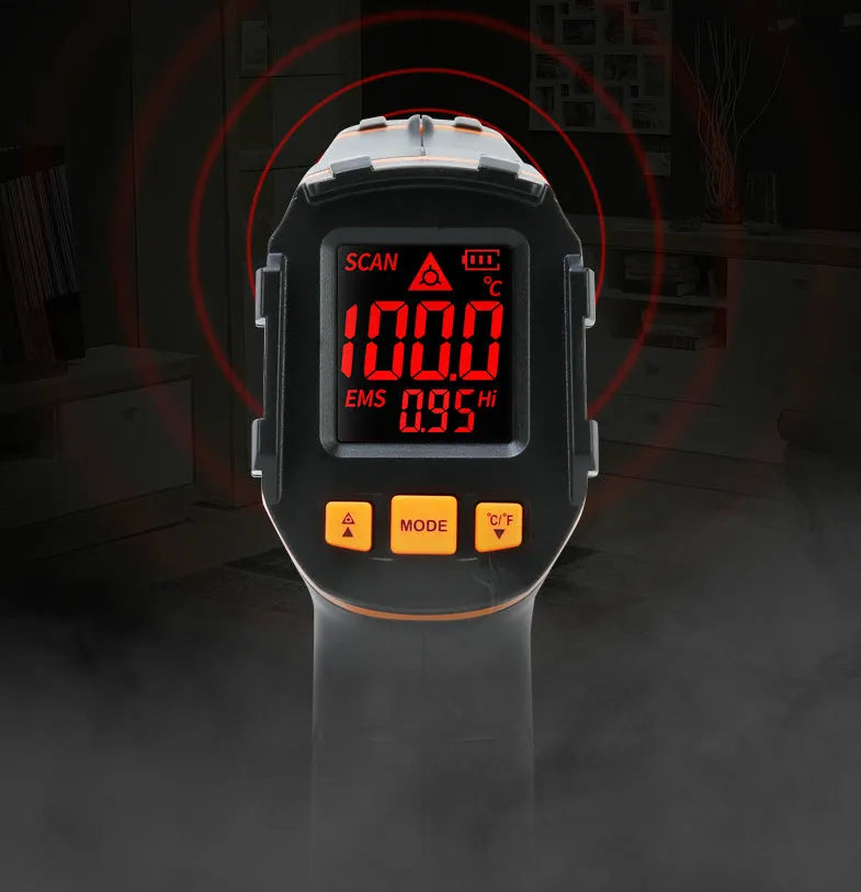ST390A handheld infrared high temperature thermometer on a dark background.