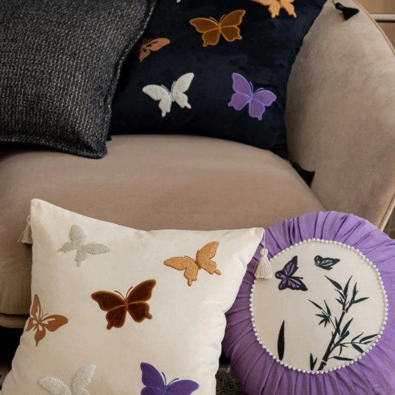 Square decorative cushion with butterfly embroidery in Chinese style, colours beige black purple, 45x45cm size.