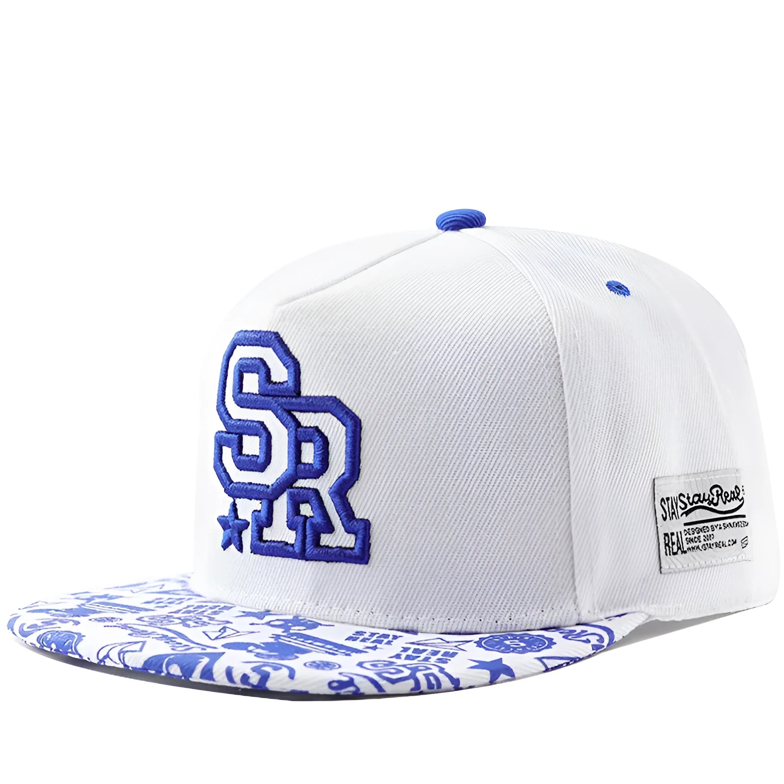 Cotton baseball cap with embroidered letters in black or white, showing adjustable strap.