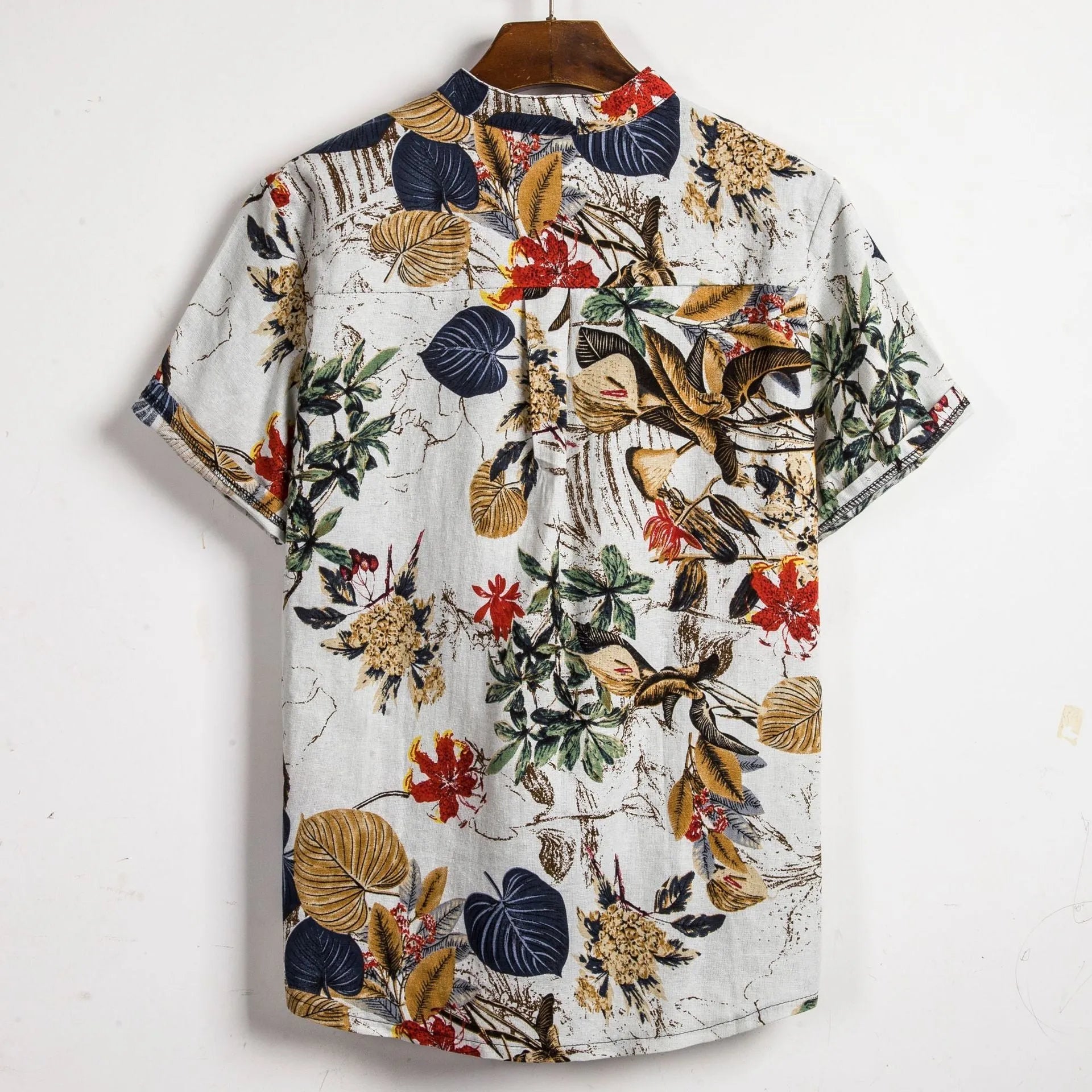 Slim fit men's contrast colour printing short sleeve cardigan shirt with square collar in blue