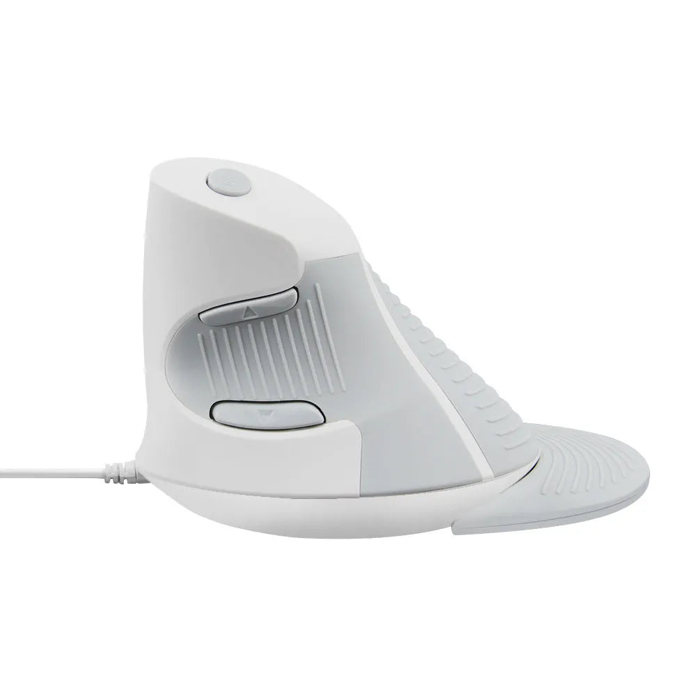 Right-handed black ergonomic vertical mouse with USB cable on a desktop.
