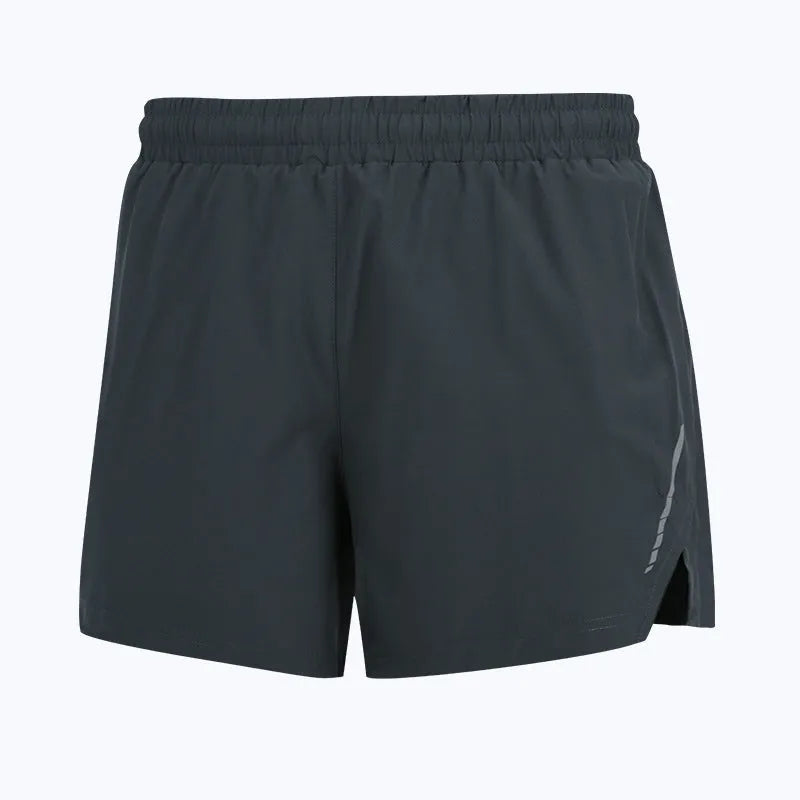Man wearing grey quick-dry polyester running shorts suitable for marathon training.