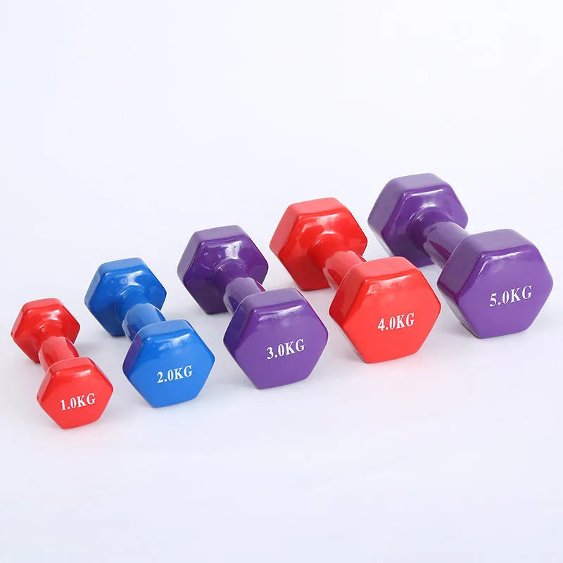 Bright colour plastic-coated fitness dumbbells in 0.5KG, 1KG and 1.5KG weights for floor-protected home workouts