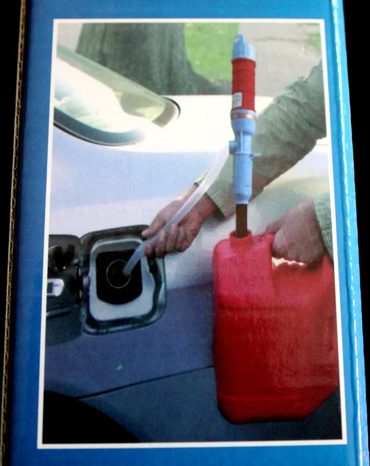 Blue manual hand siphon pump for transferring gasoline and oil, made from PP plastic.