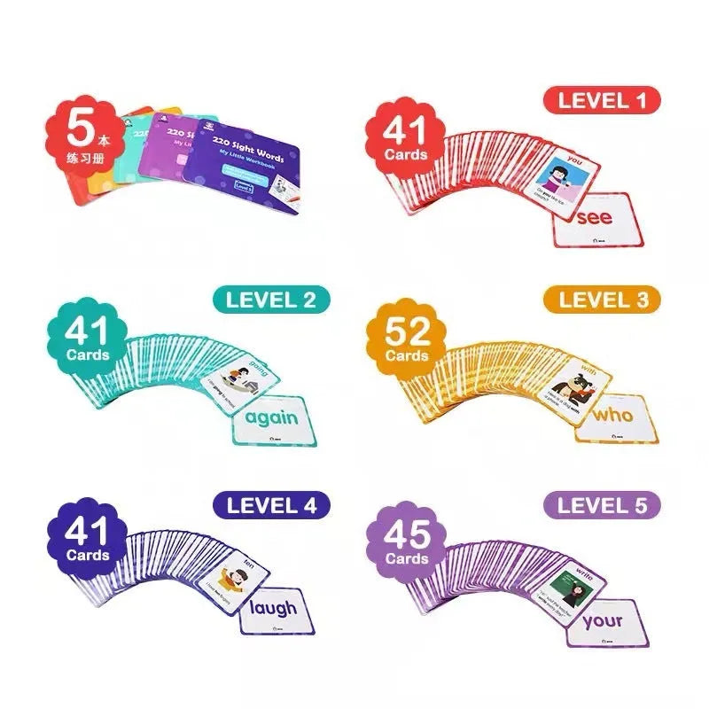 Early learning gift box containing 220 high-frequency word game cards and five phonics workbooks for children aged 3 and up.