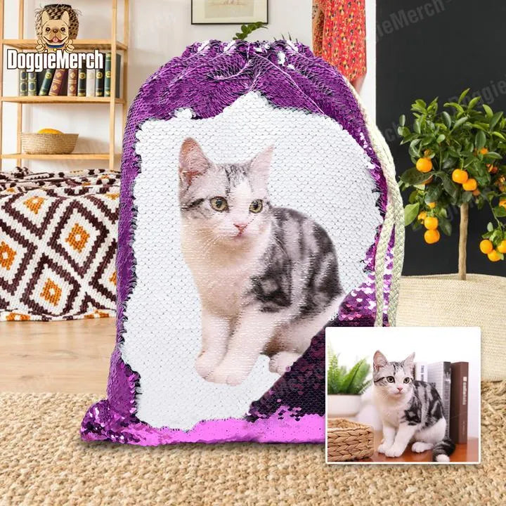 Custom purple sequins drawstring backpack with a printed dog photo, showing drawstring closure and glittering texture.