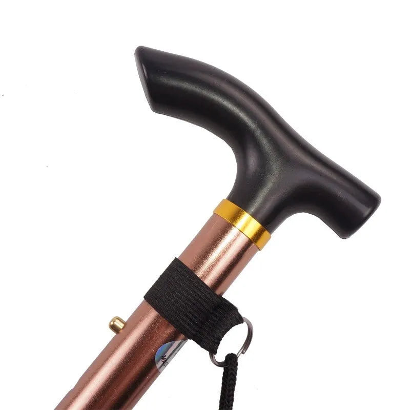 Aluminium alloy folding walking cane shown extended and collapsed, with non-slip handle.